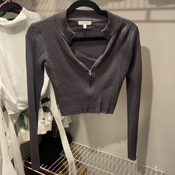 Grey Quarter Zip Crop Top - Picture 1 of 3